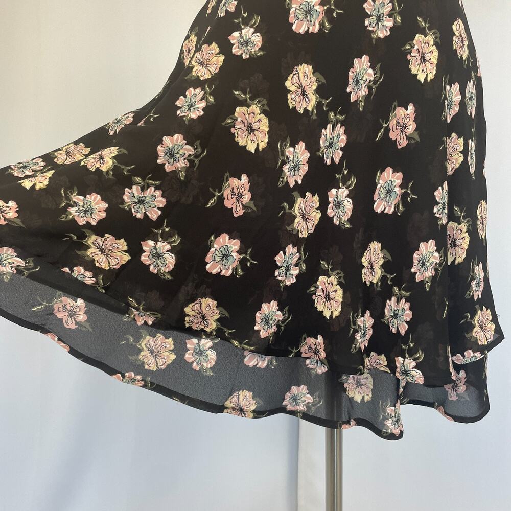 Y2K Mini Skirt Medium Black Pink Floral Flirty Asymmetrical Chiffon Feminine - Picture 3 of 13